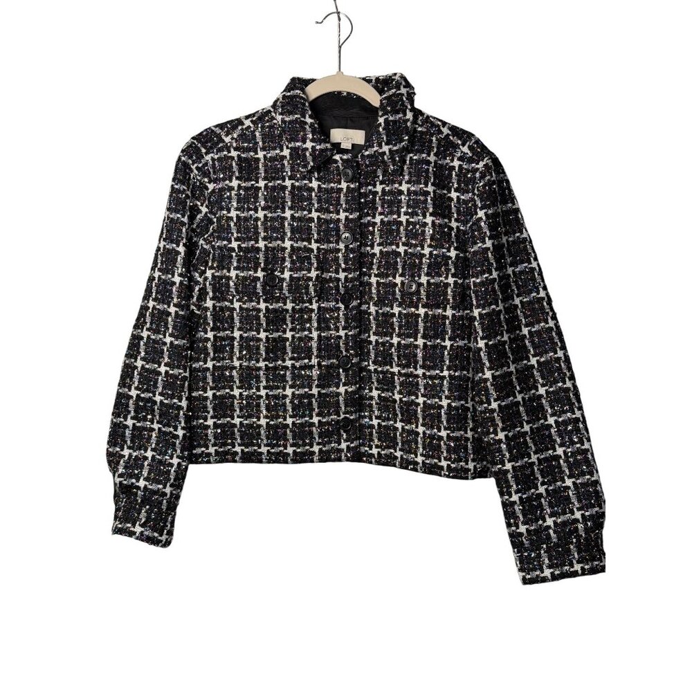 LOFT Petite Shimmer Metallic Tweed Cropped Shirt Jacket Blazer Women’s S Stylish